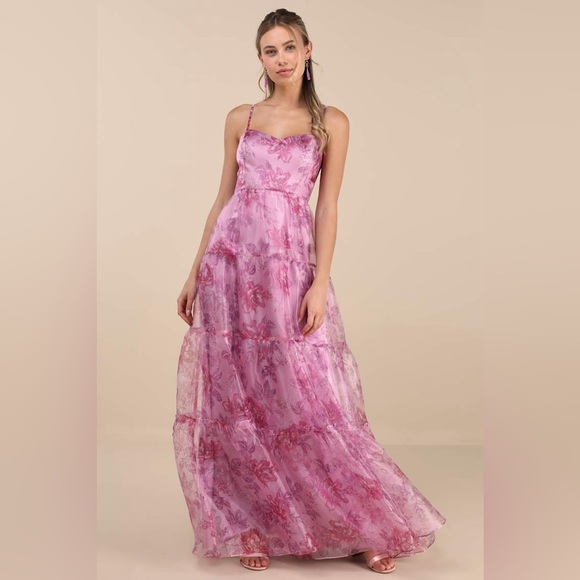 Lulus Exclusive Glamour Floral Organza Tiered Maxi Dress Pink Floral Medium - Picture 1 of 10